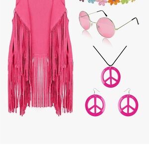 Pink Fringe Vest with Peace Sign Accessories